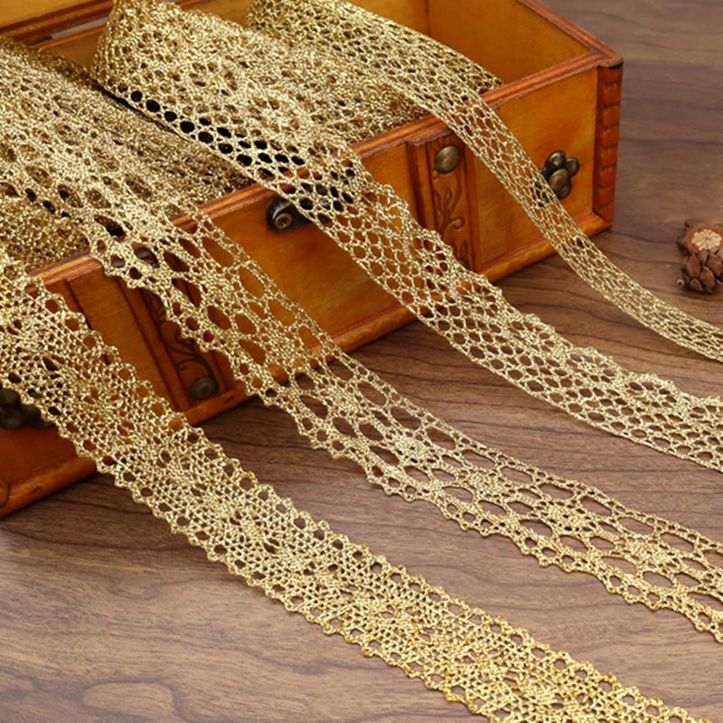 AIETSYEI Gold Lace Trim Vintage Crochet Ribbon Craft Gold Lace for Sewing, Gift Package Wrapping, Bridal Wedding Decoration, Scrapbooking Supplies - Image 4